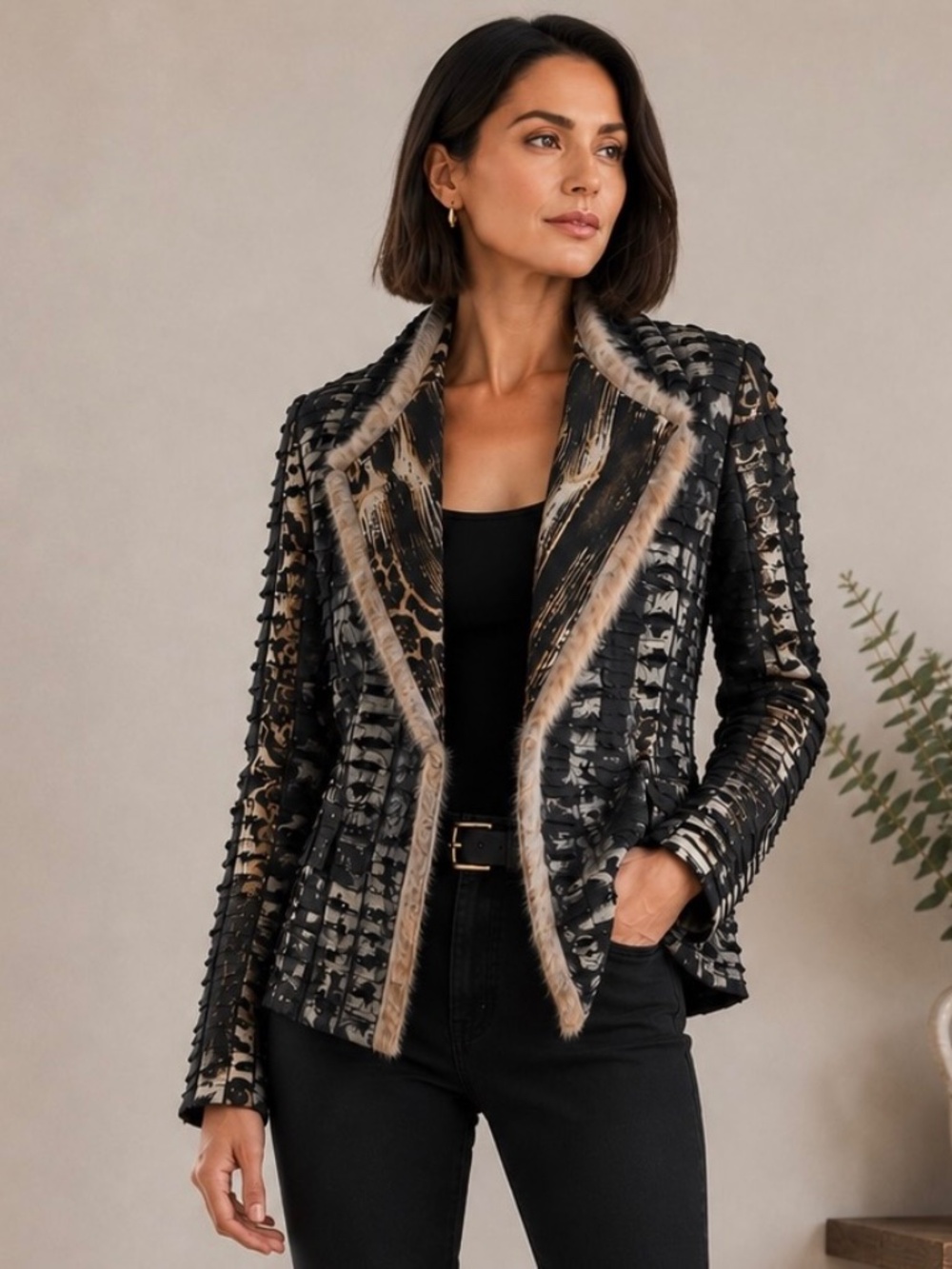 Alberto Makali Black and Beige Textured Faux-Fur Trim Blazer
